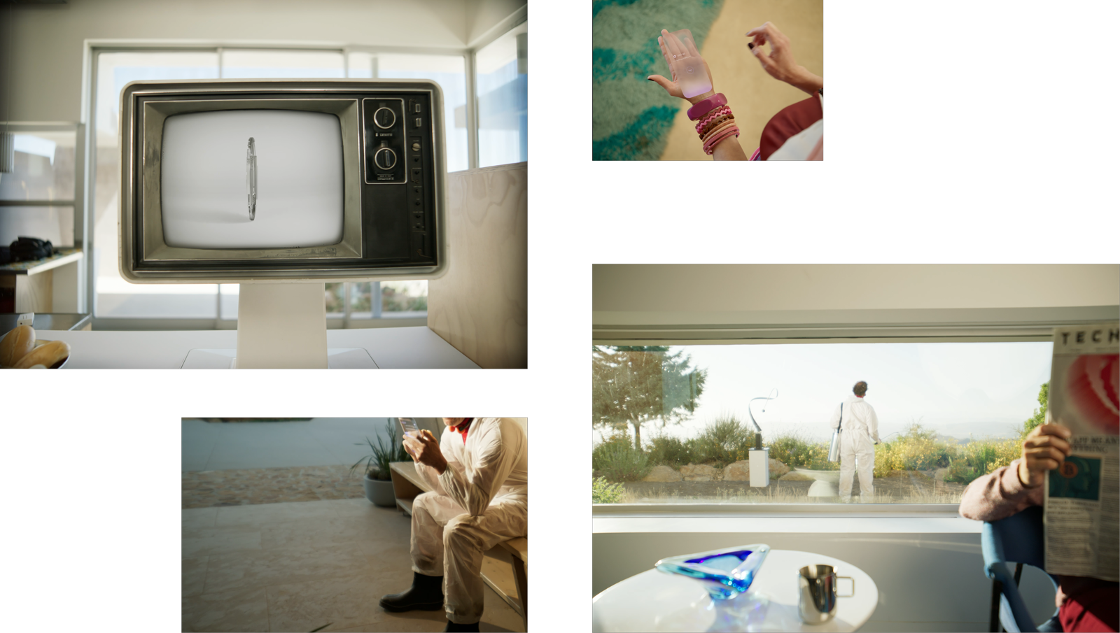 Storyboard frames from the launch film: a transparent device on a vintage TV, a hand in a translucent glove with stacked bracelets, a figure in white coveralls on a phone, and a man in coveralls seen through a window past a reader in a chair
