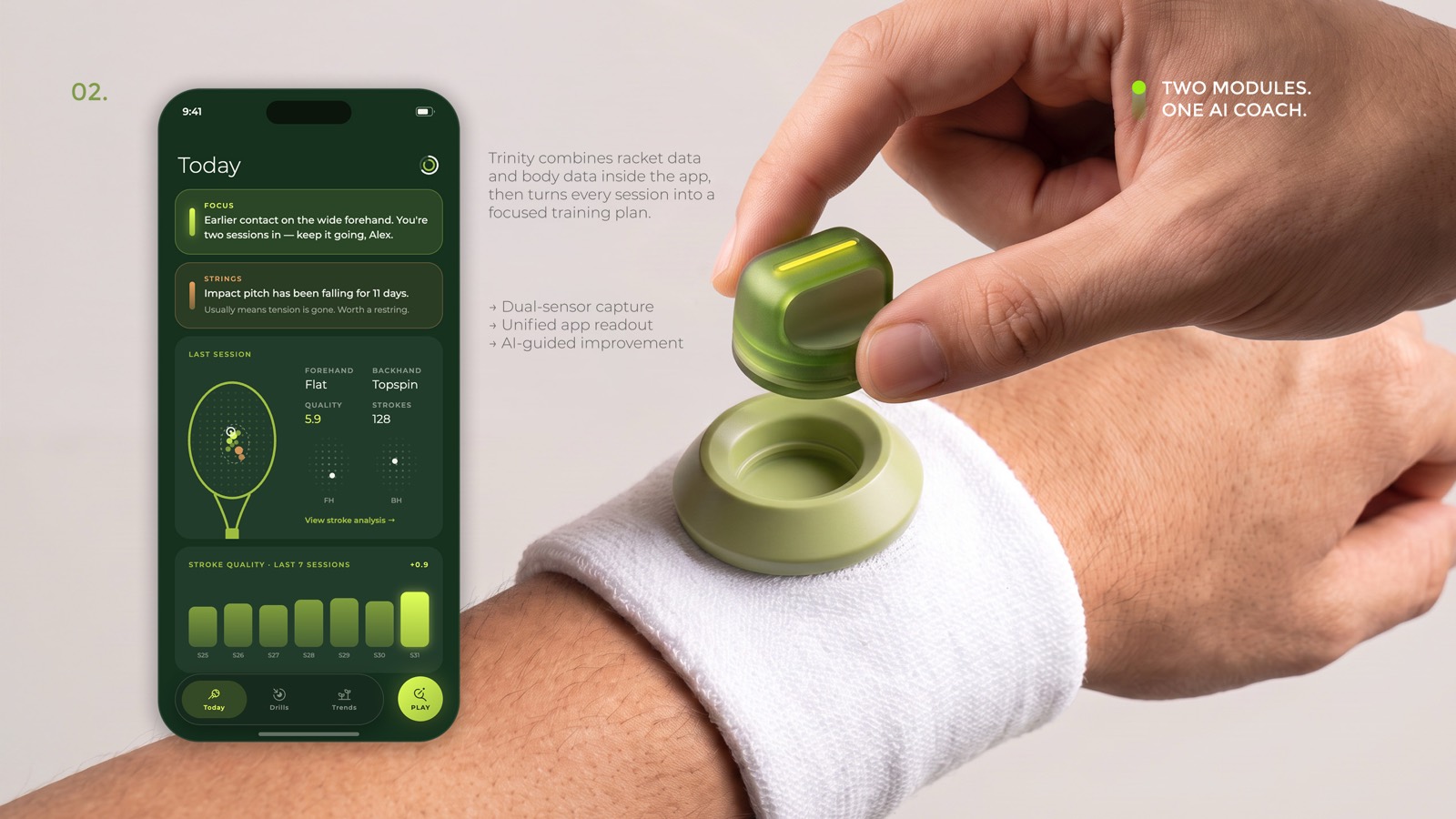 Two modules, one AI coach: the racket module lifts out of the wristband dock, alongside the Today screen of the app