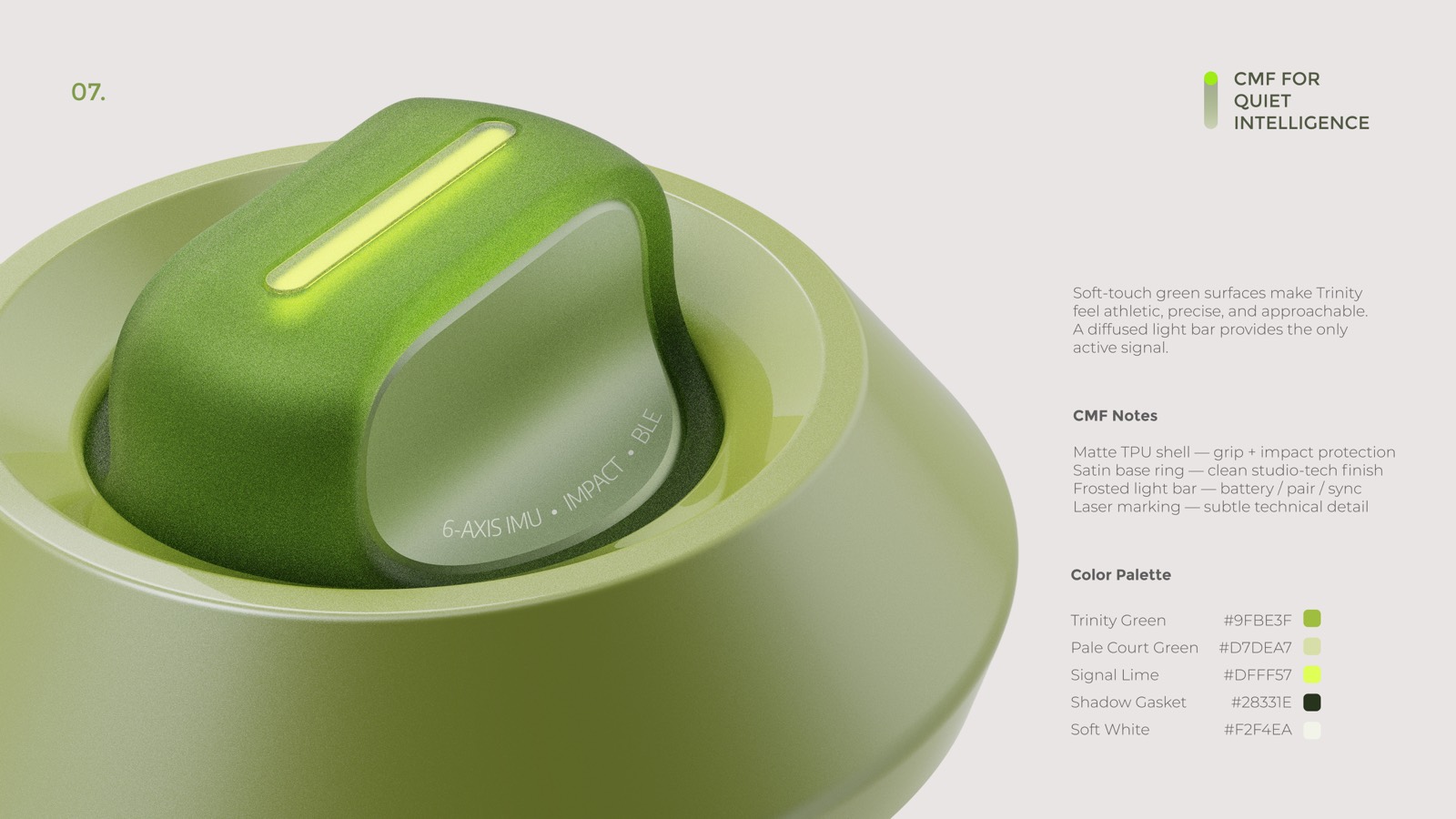 CMF for quiet intelligence: matte TPU shell, satin base ring, frosted light bar, laser marking, and the Trinity color palette