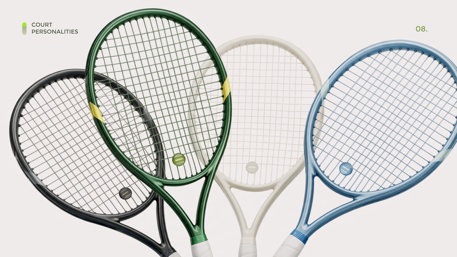 Court personalities: four racket and module colorways in black, green, cream, and blue