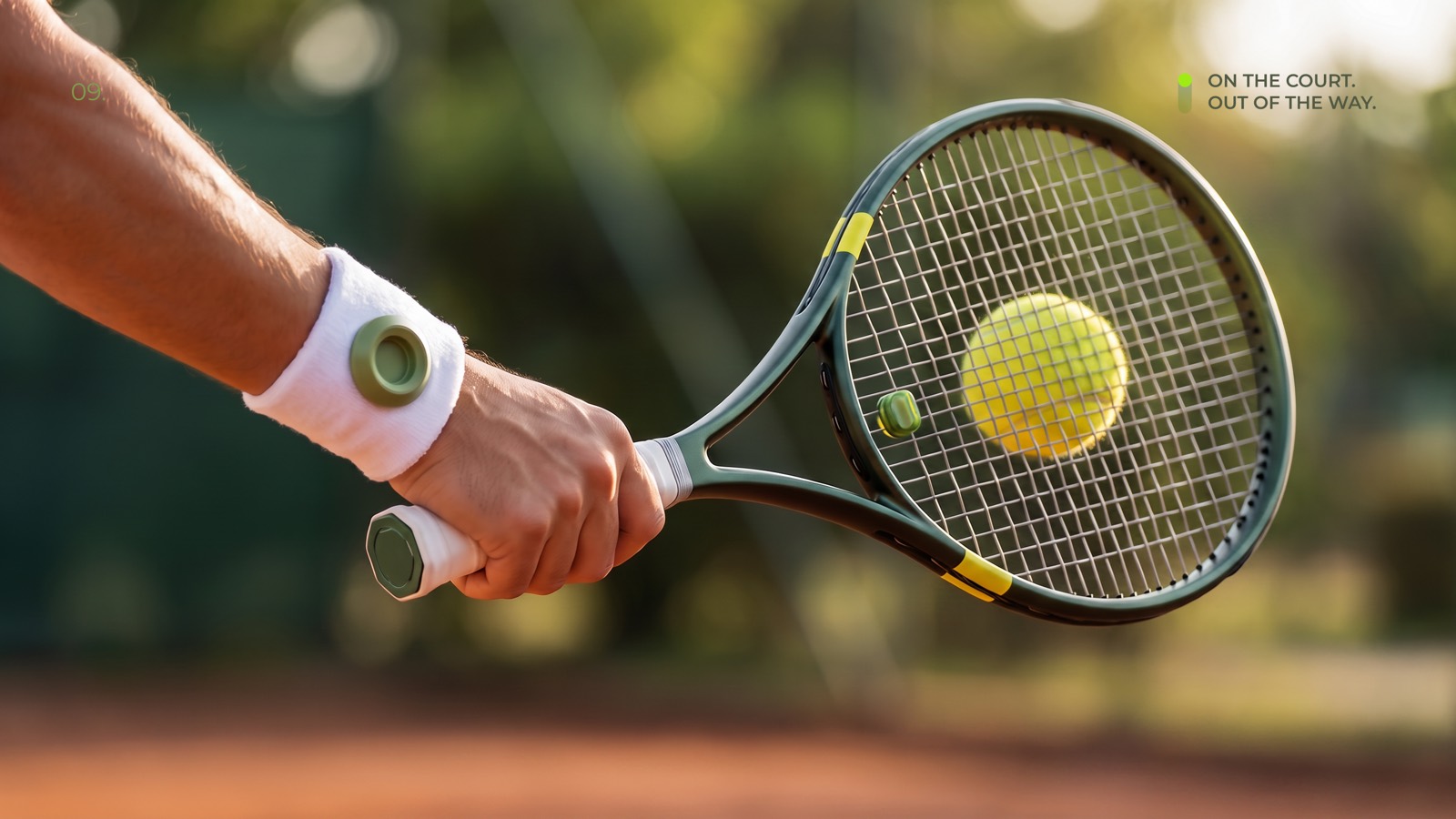 On the court, out of the way: a player mid-stroke wearing the wristband with the racket module in the strings