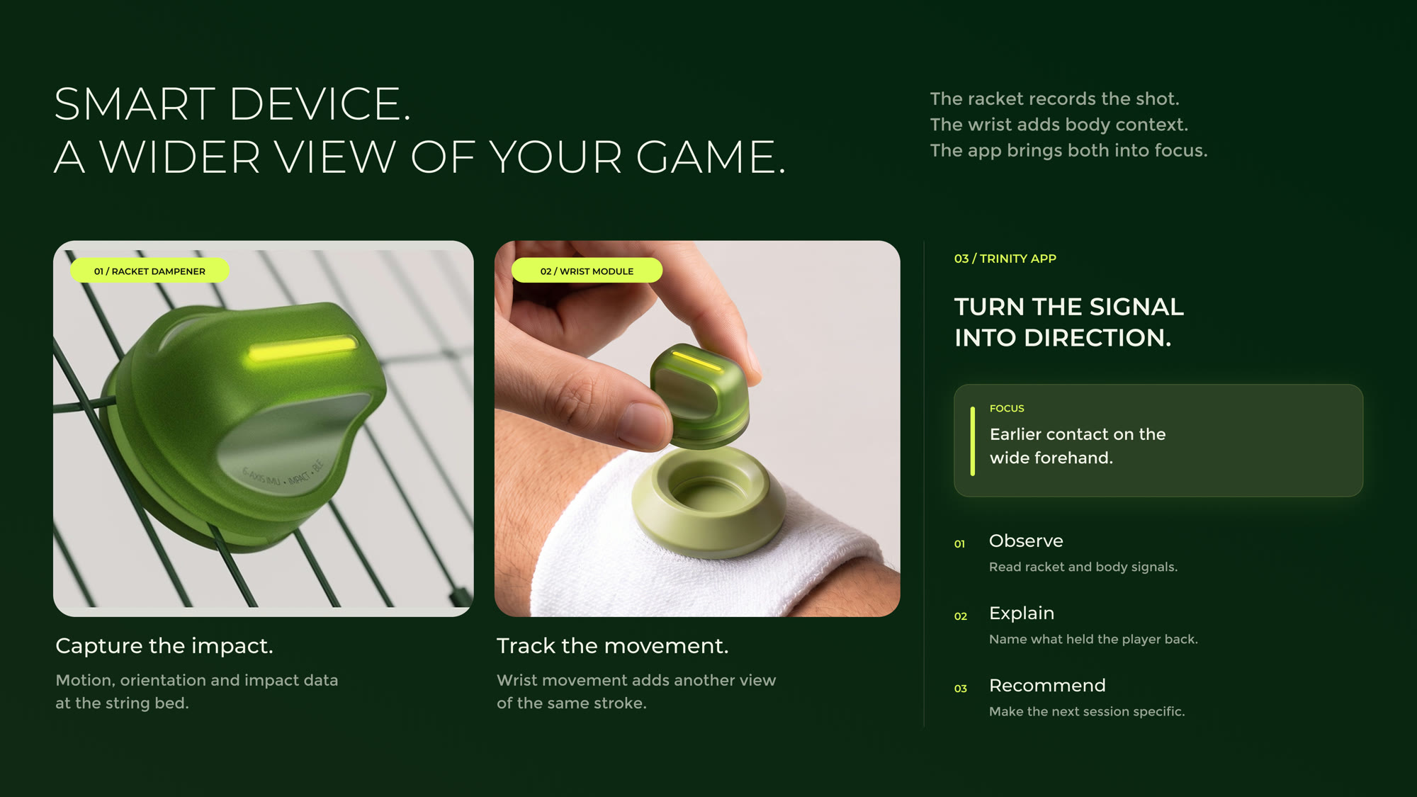 Smart device, a wider view of your game: the racket dampener captures the impact, the wrist module tracks the movement, and the Trinity app turns the signal into direction